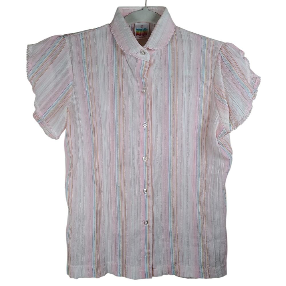 Rare 70's Wrangler JR Teen Women's Petal Sleeve Shirt Button Up Summer Lace Trim